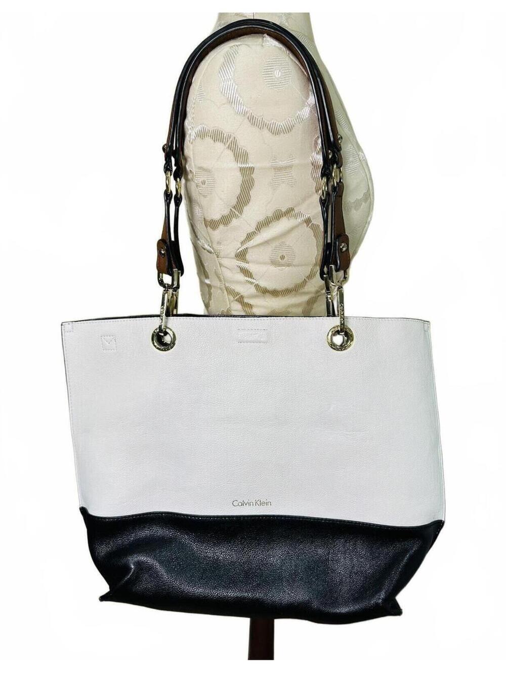 Calvin Klein Two-Tone Leather Tote Bag with Brown Handles Gold-Tone Hardware